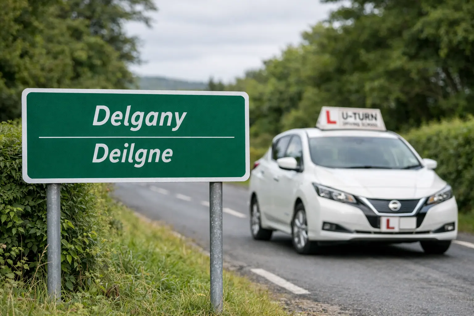 A white Nissan Leaf U-Turn Driving School car with dual controls and an L-plate, parked on a road next to an Irish road sign for Delgany in County Wicklow.