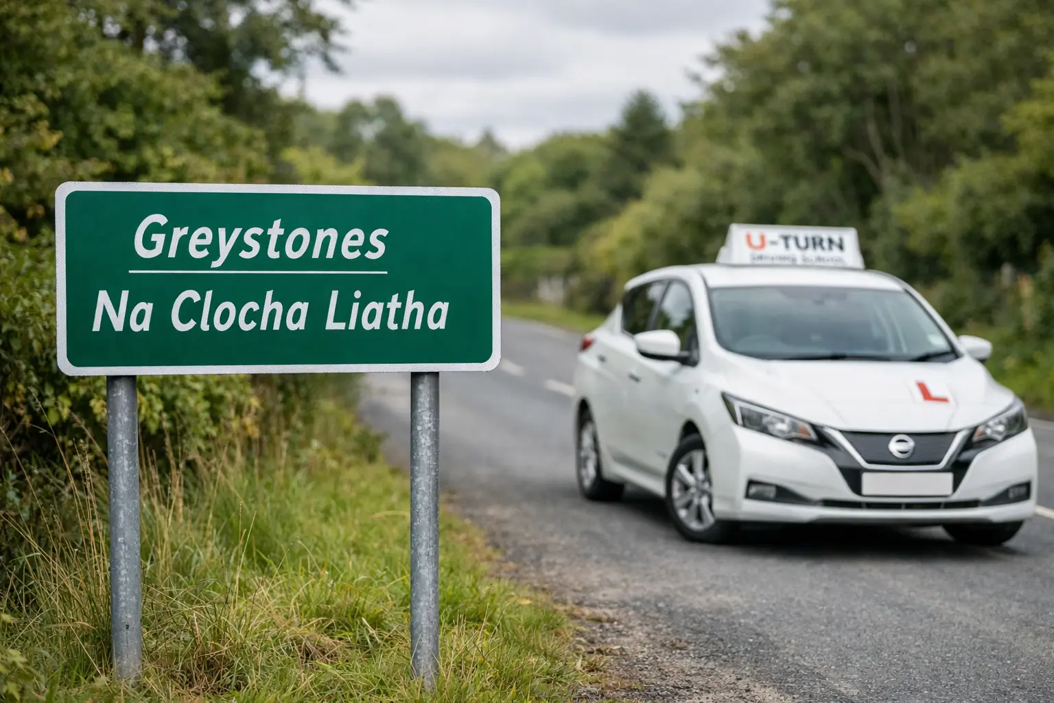 A white Nissan Leaf U-Turn Driving School car with dual controls and an L-plate, parked on a road next to an Irish road sign for Greystones in County Wicklow.